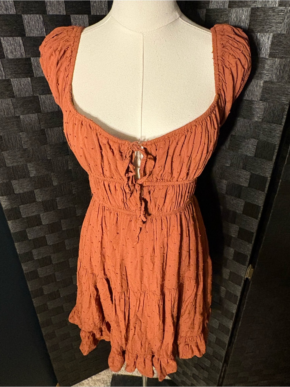 Aeropostale Burnt Orange Swiss Dot Mini Sundress Cottagecore Milkmaid